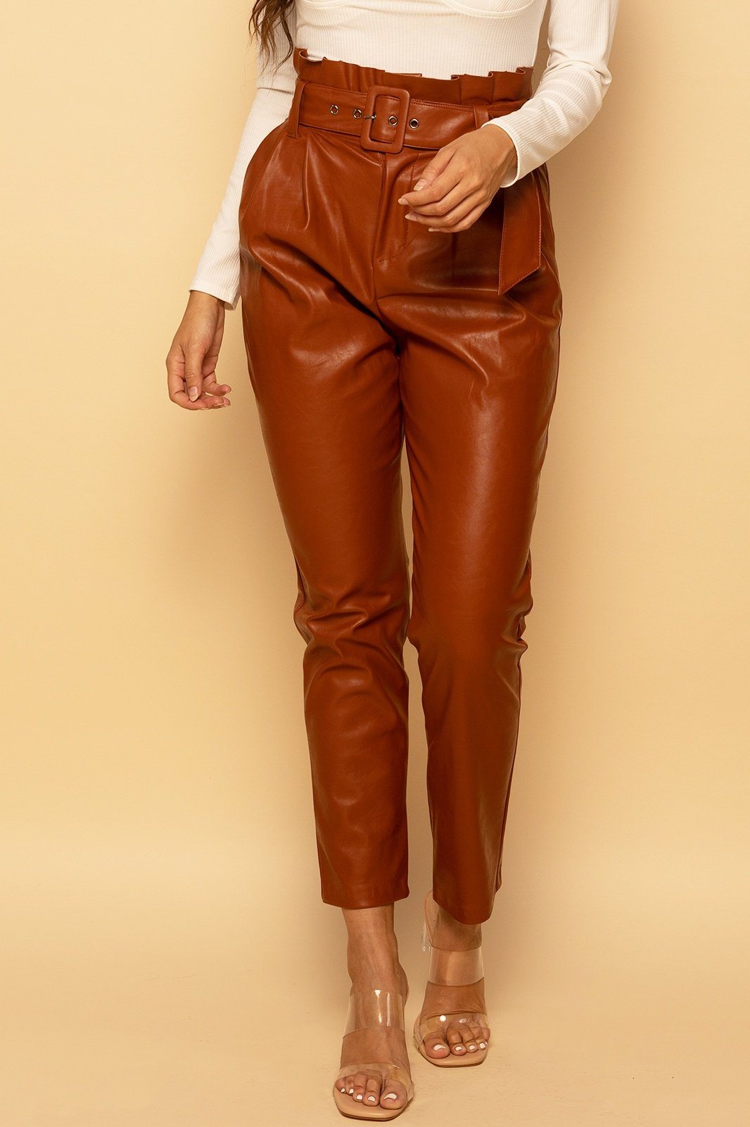 Vegan Leather Paperbag Belted High-Waisted Cognac Brown Pants