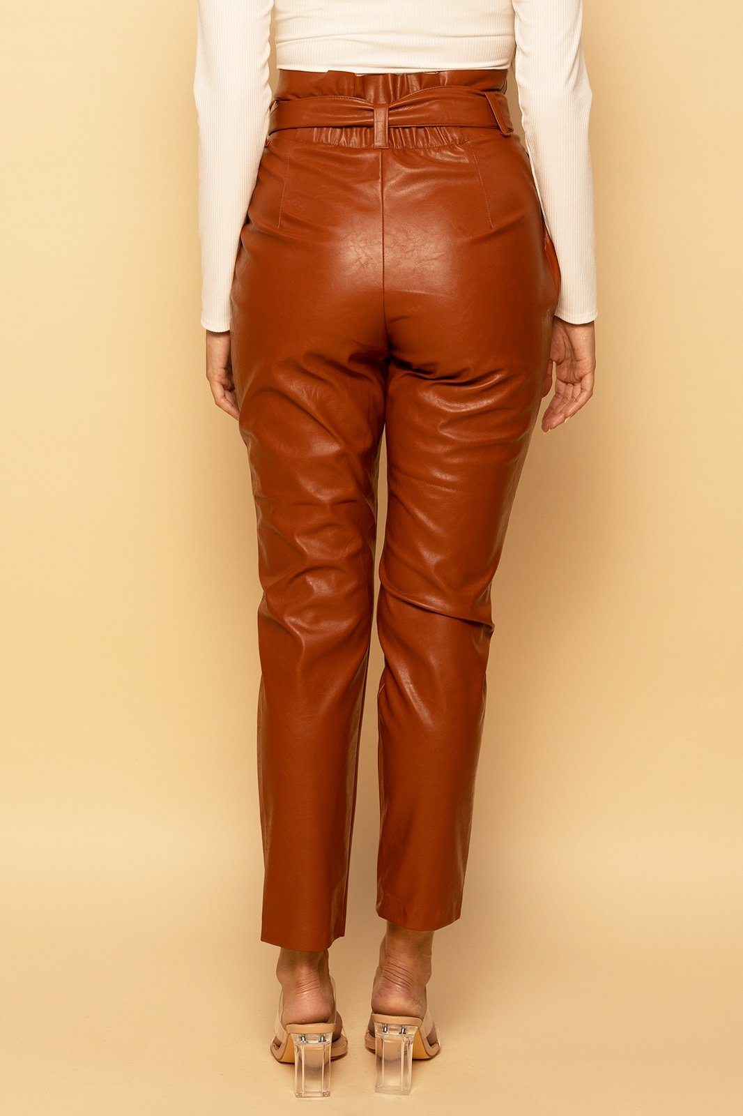 Vegan Leather Paperbag Belted High-Waisted Cognac Brown Pants