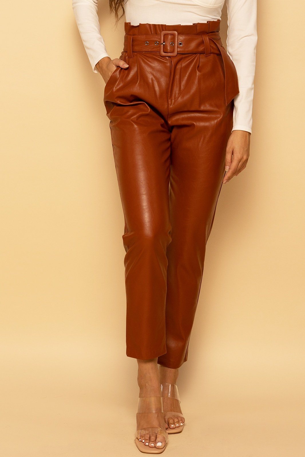 Vegan Leather Paperbag Belted High-Waisted Cognac Brown Pants