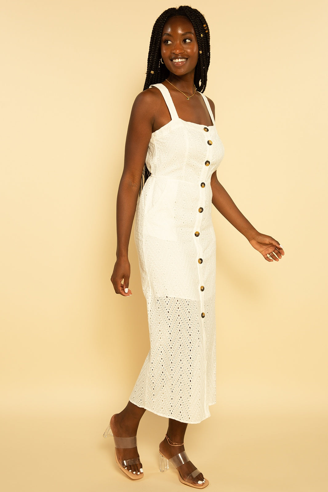 White Eyelet Broderie Button Down Sleeveless Midi Dress