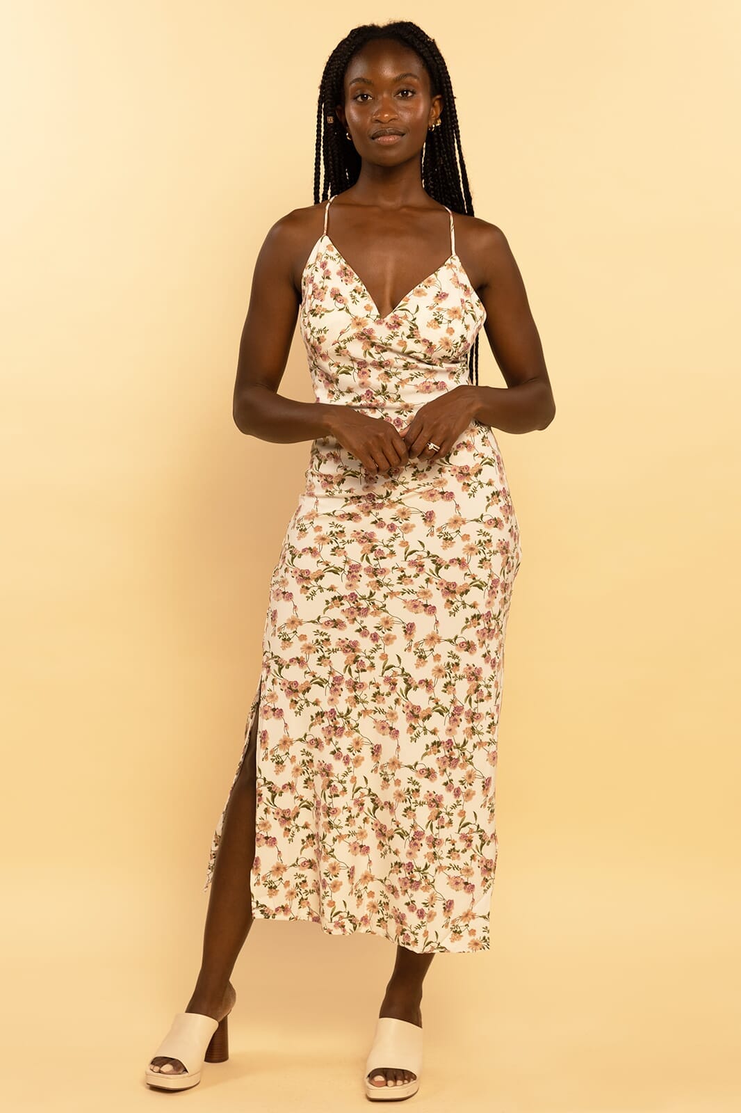 White Floral Print Strappy Side Split Maxi Dress