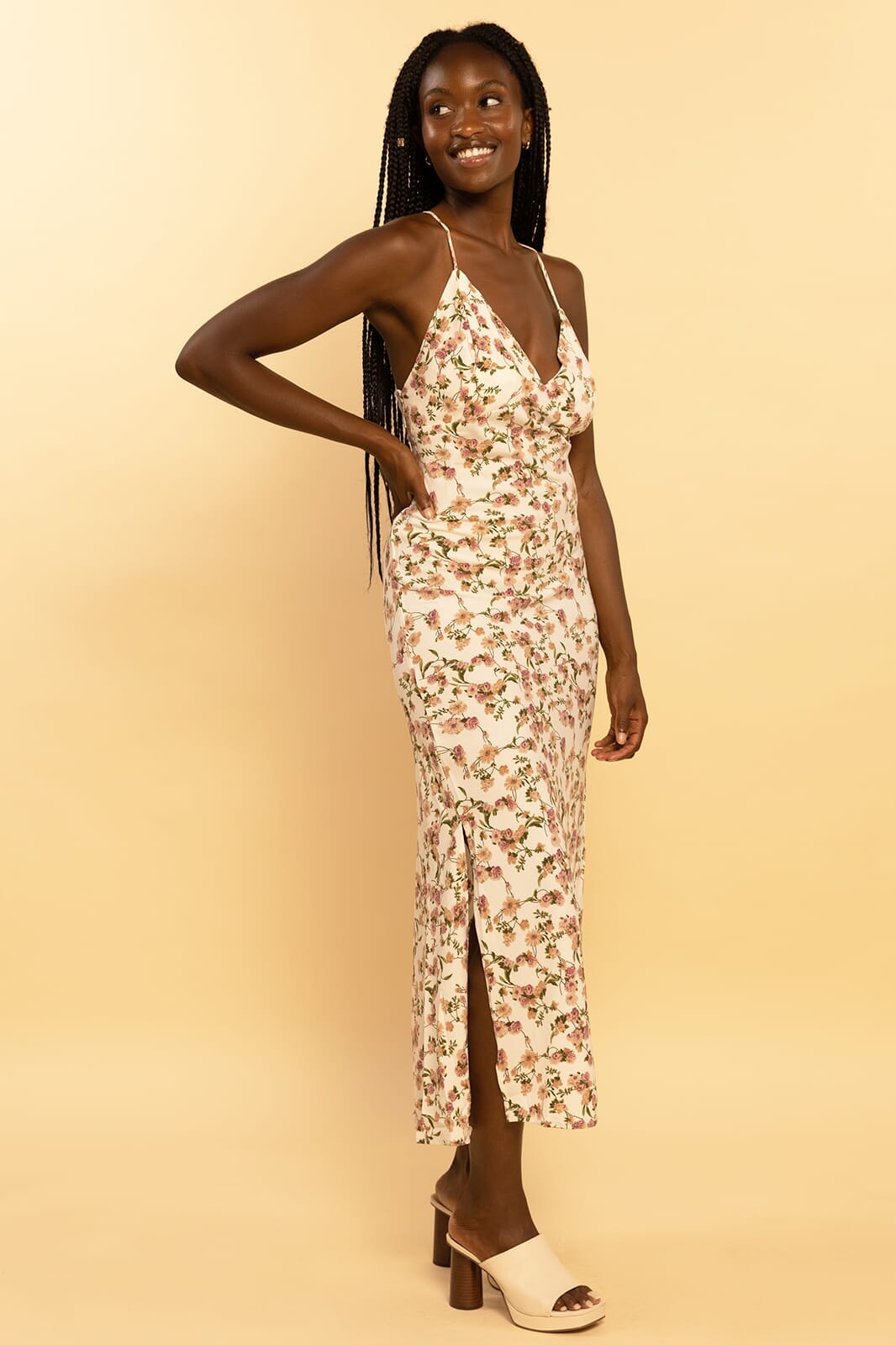 White Floral Print Strappy Side Split Maxi Dress