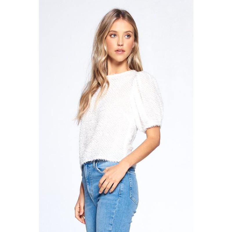 White Fringe Puff Sleeve Top