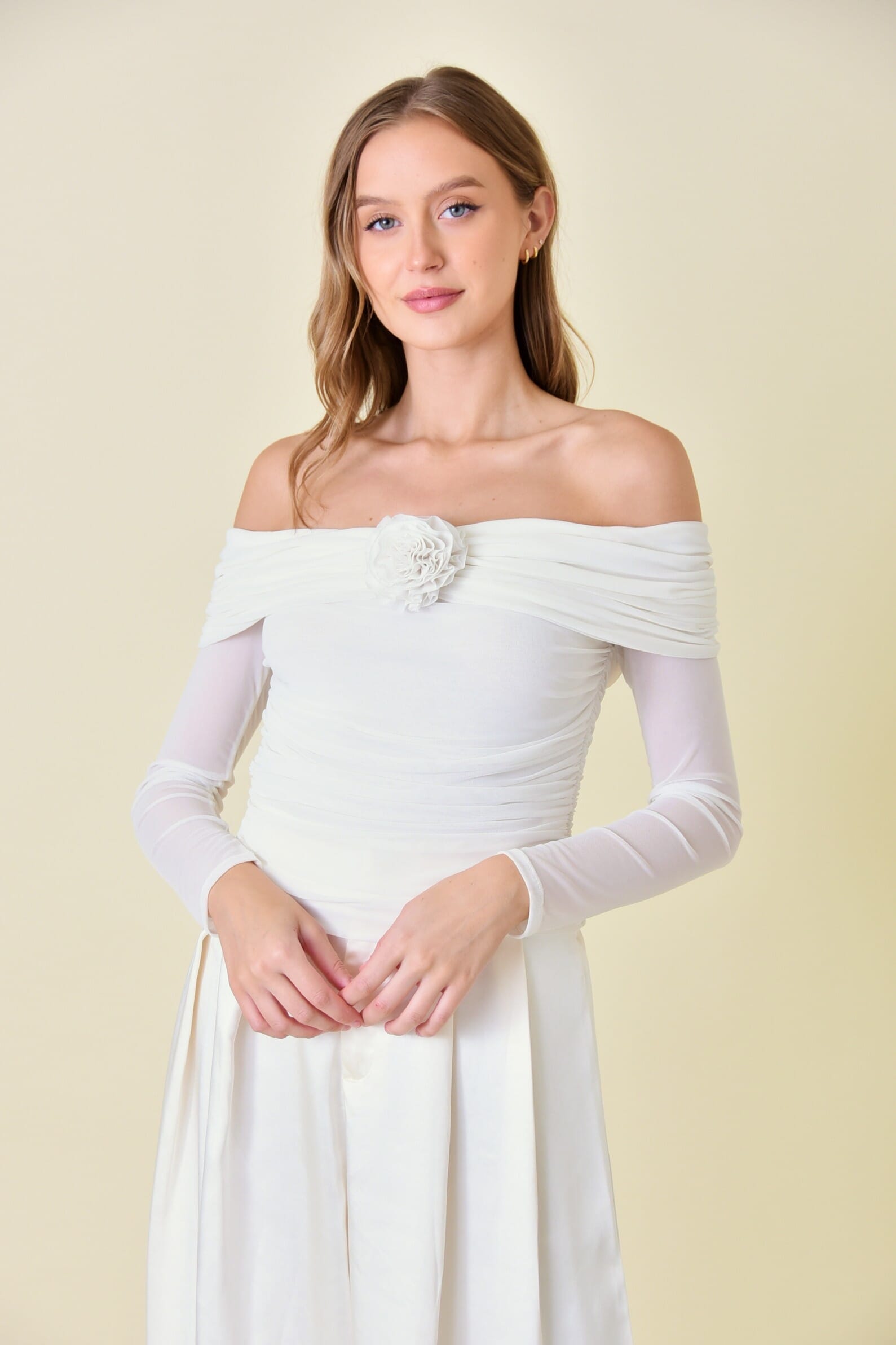 White Mesh Flower Rosette Long Sleeve Off Shoulder Top