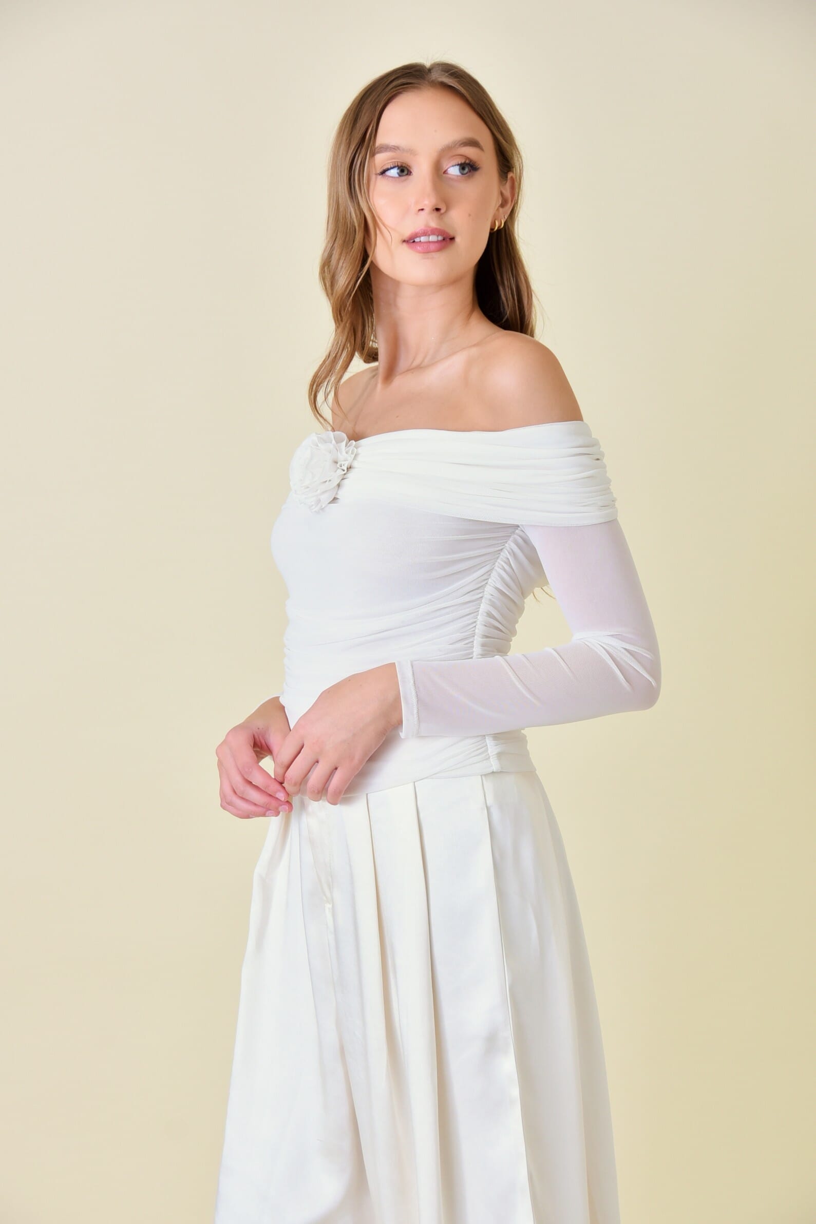 White Mesh Flower Rosette Long Sleeve Off Shoulder Top