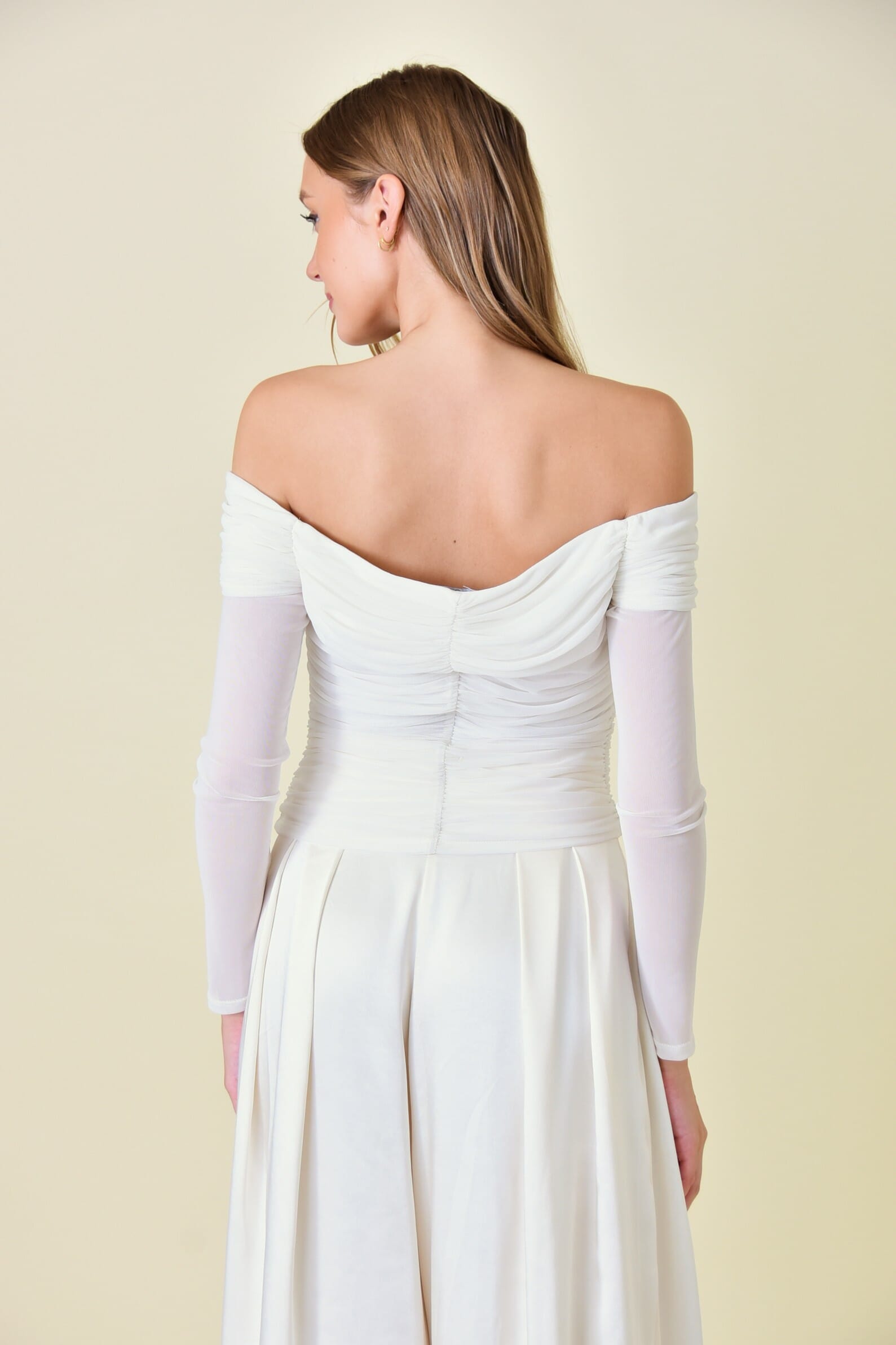 White Mesh Flower Rosette Long Sleeve Off Shoulder Top