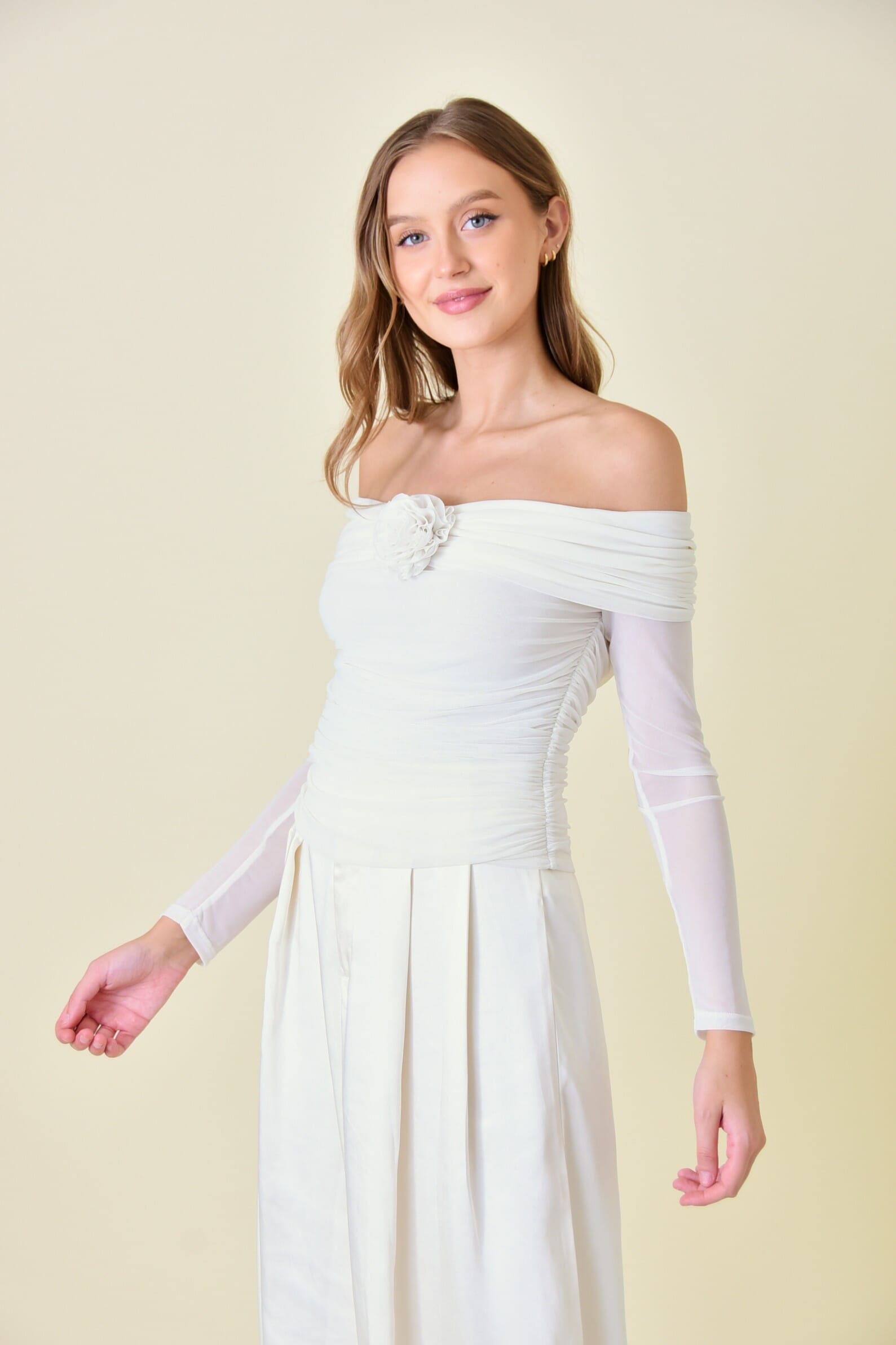 White Mesh Flower Rosette Long Sleeve Off Shoulder Top
