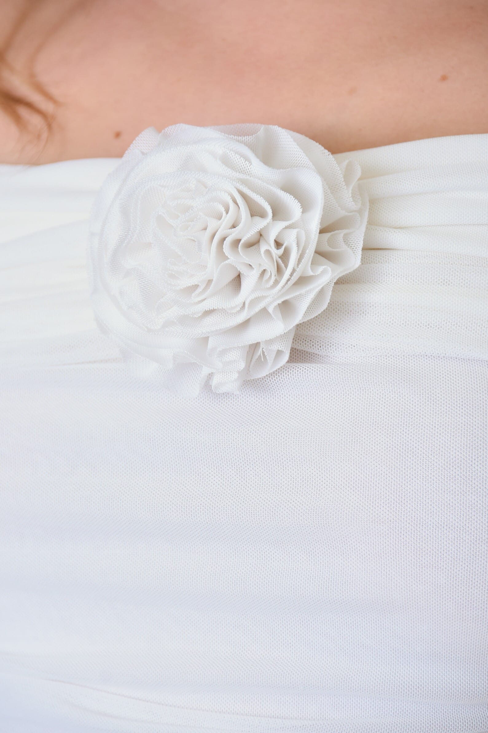 White Mesh Flower Rosette Long Sleeve Off Shoulder Top