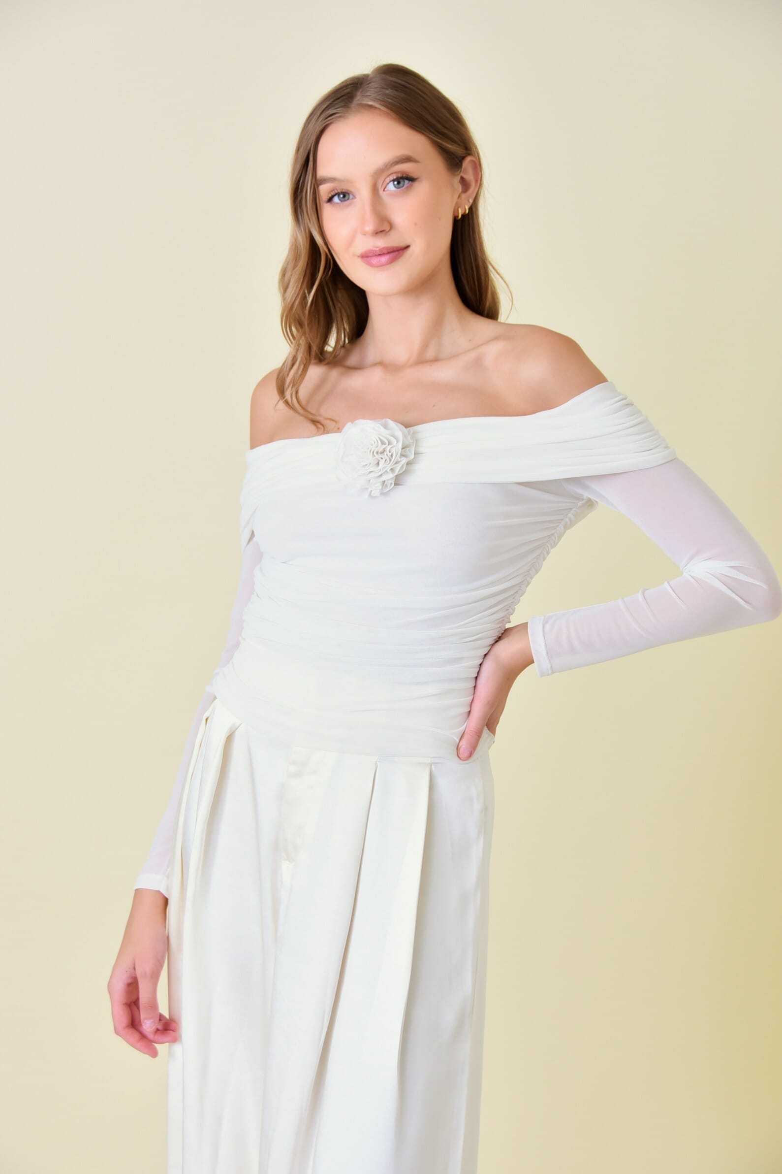 White Mesh Flower Rosette Long Sleeve Off Shoulder Top