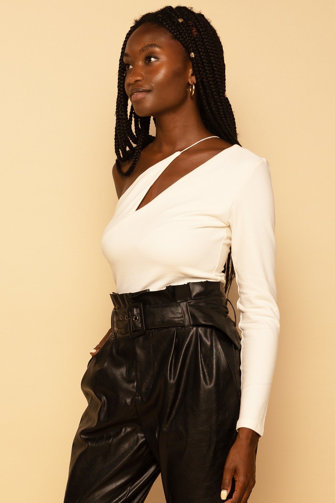 White One Shoulder Cut Out Knit Bodysuit Top