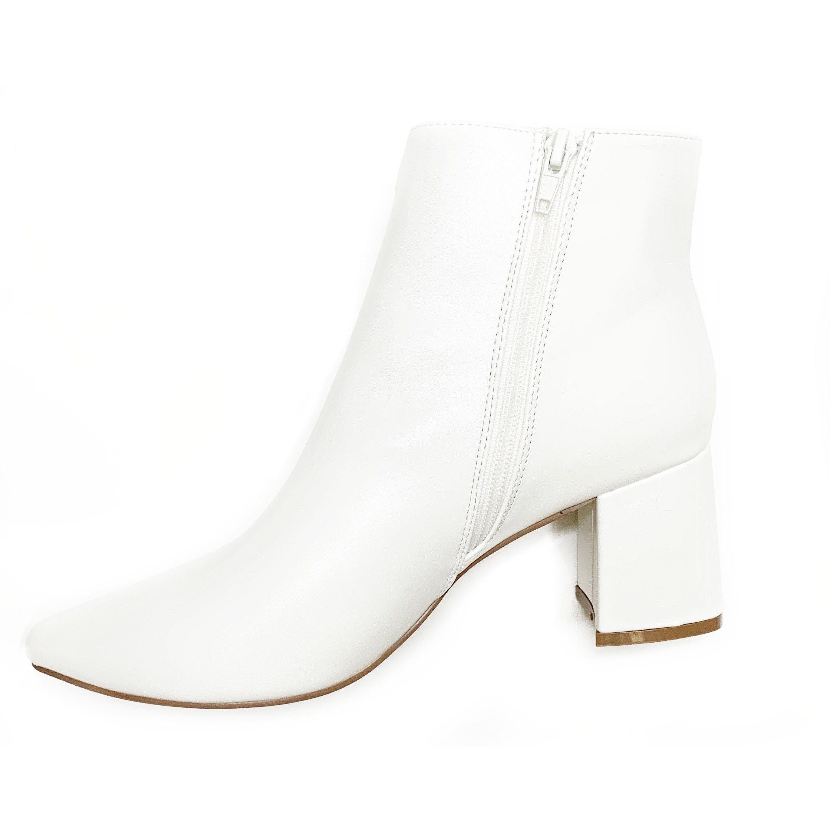 White Pointed Toe Block Heel Ankle Booties