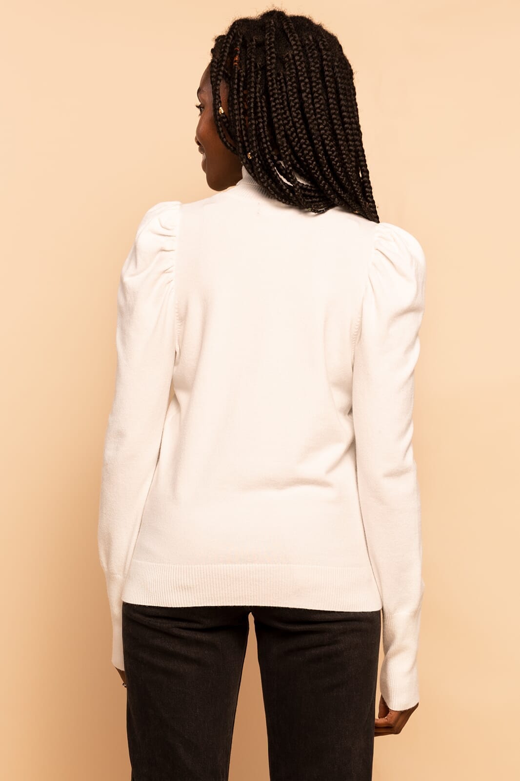 White Puff Long Sleeve Turtleneck Knit Sweater