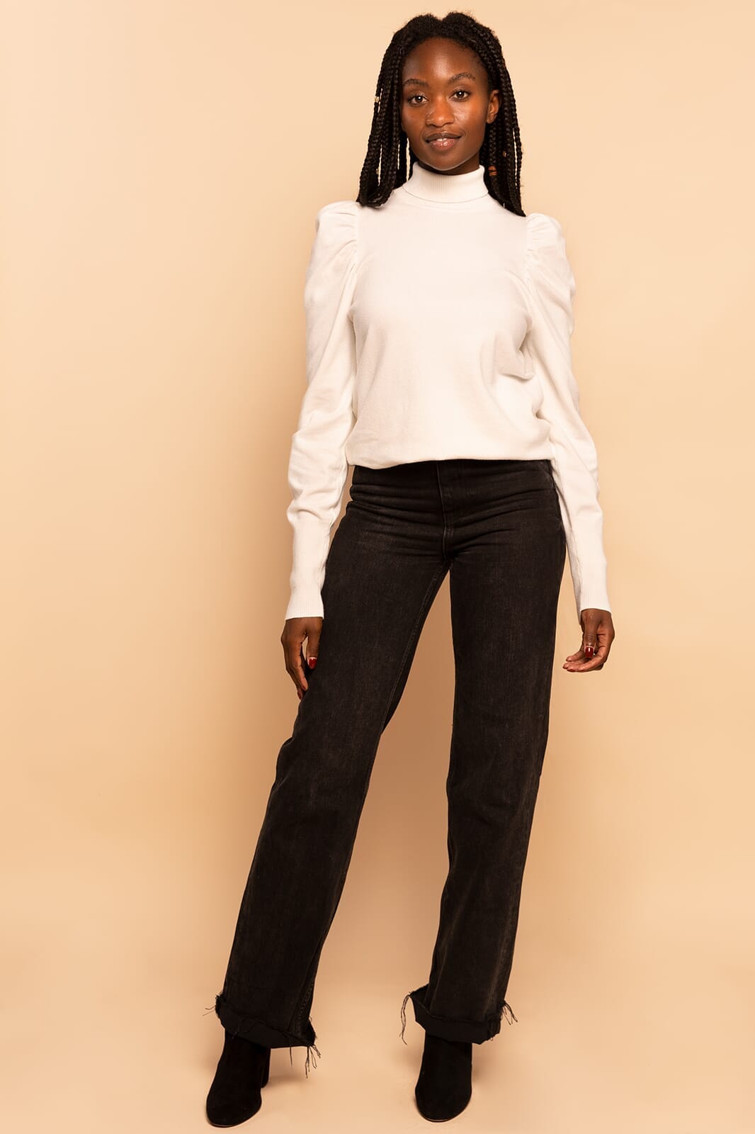 White Puff Long Sleeve Turtleneck Knit Sweater