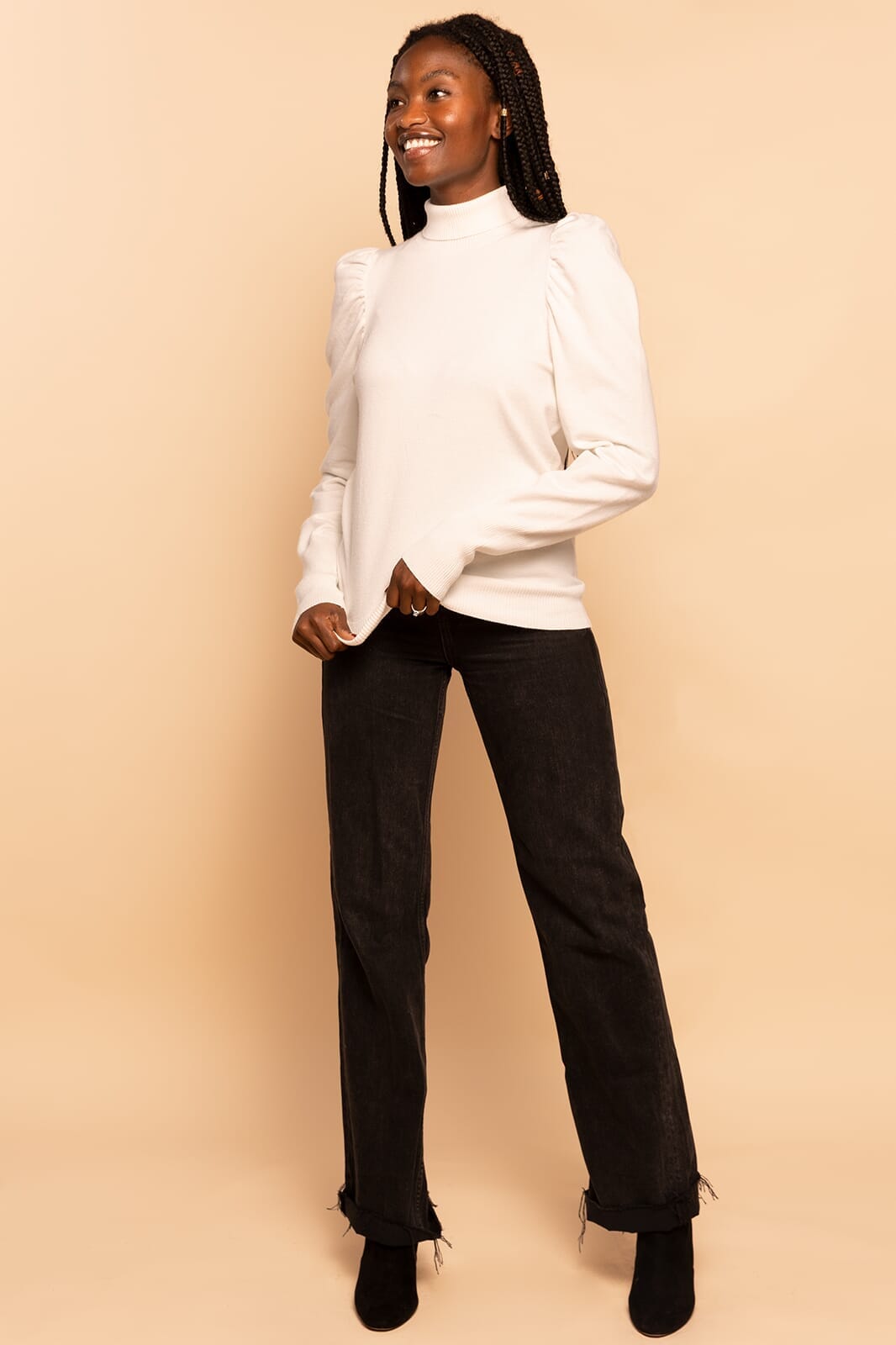 White Puff Long Sleeve Turtleneck Knit Sweater