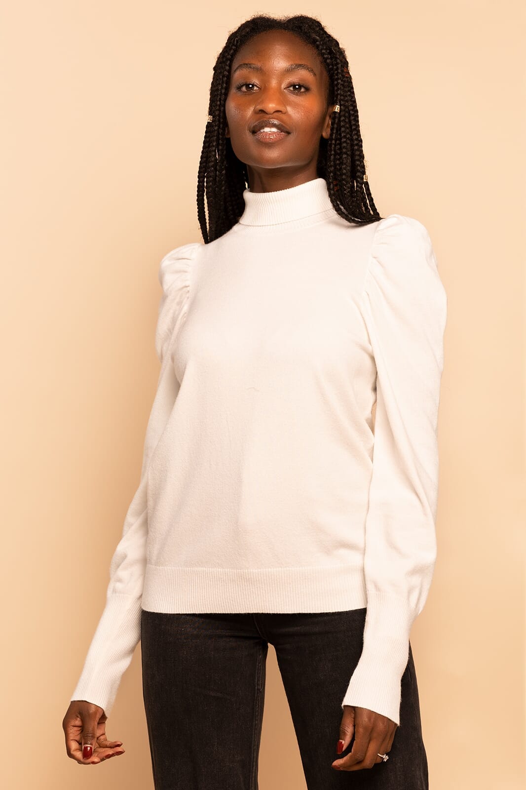 White Puff Long Sleeve Turtleneck Knit Sweater