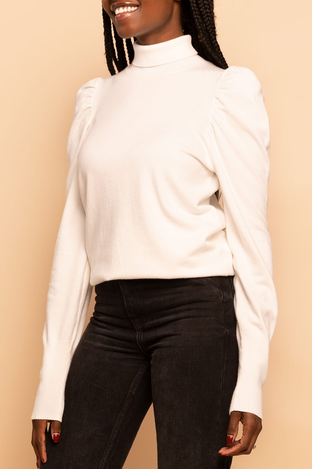 White Puff Long Sleeve Turtleneck Knit Sweater
