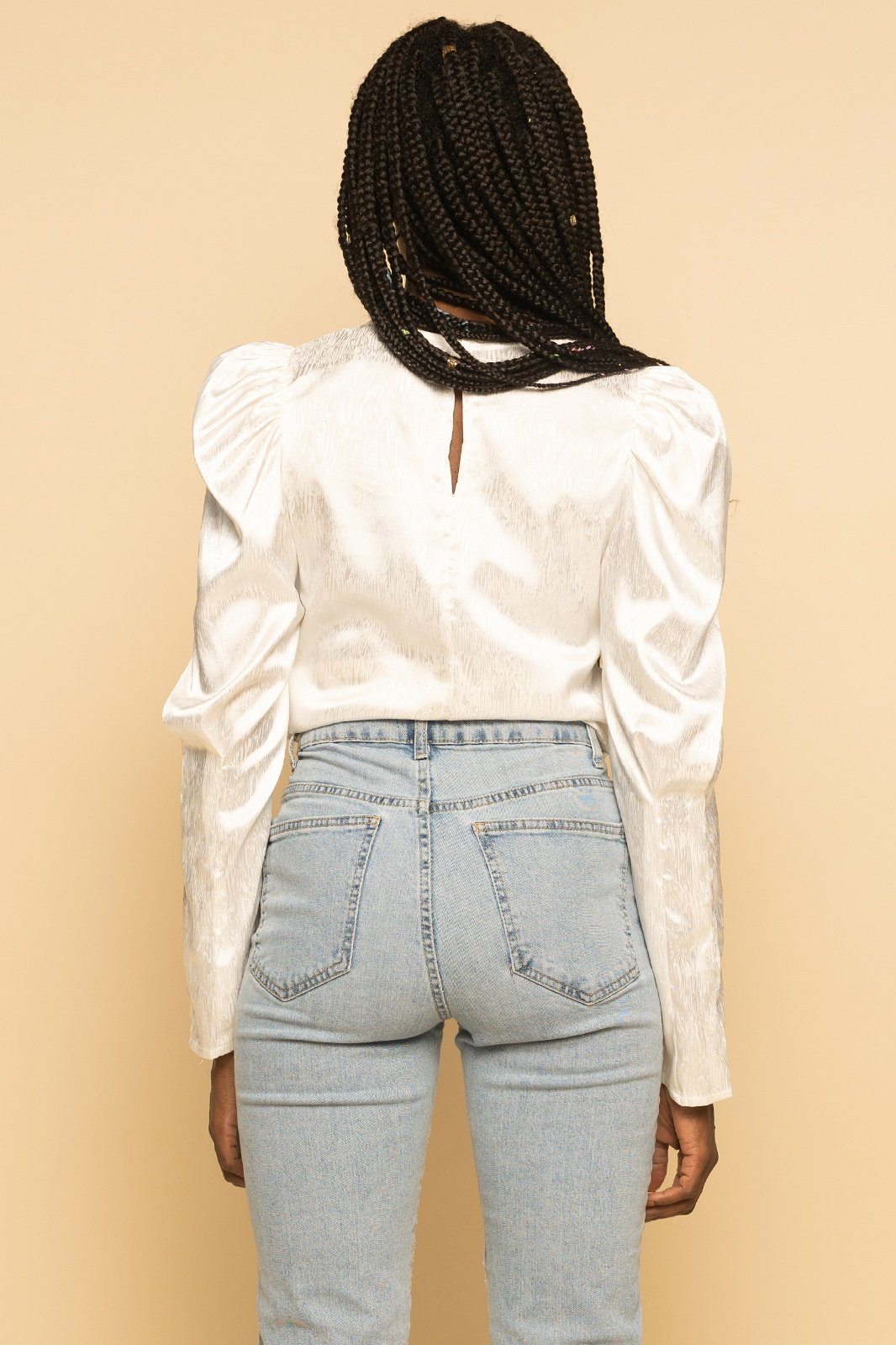 White Satin Puff Sleeve Ruched Front Long Sleeve Top