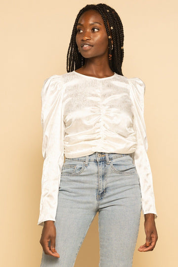 White Satin Puff Sleeve Ruched Front Long Sleeve Top