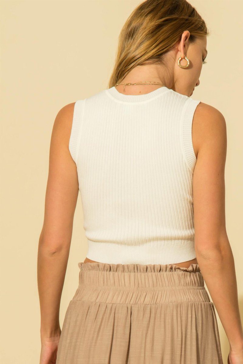 White Sleeveless Cropped Ribbed Sweater Knit Top