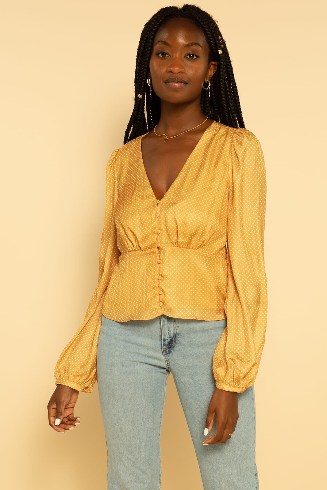 Yellow and White Polka Dot Button Long Sleeve Satin Blouse