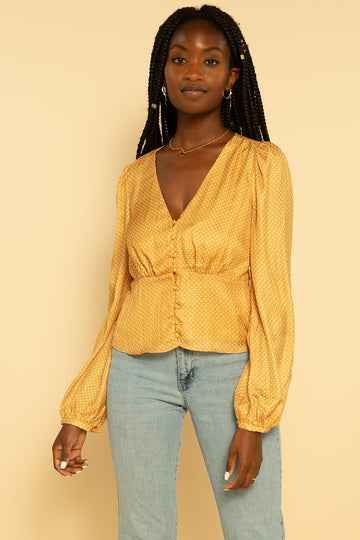 Yellow and White Polka Dot Button Long Sleeve Satin Blouse