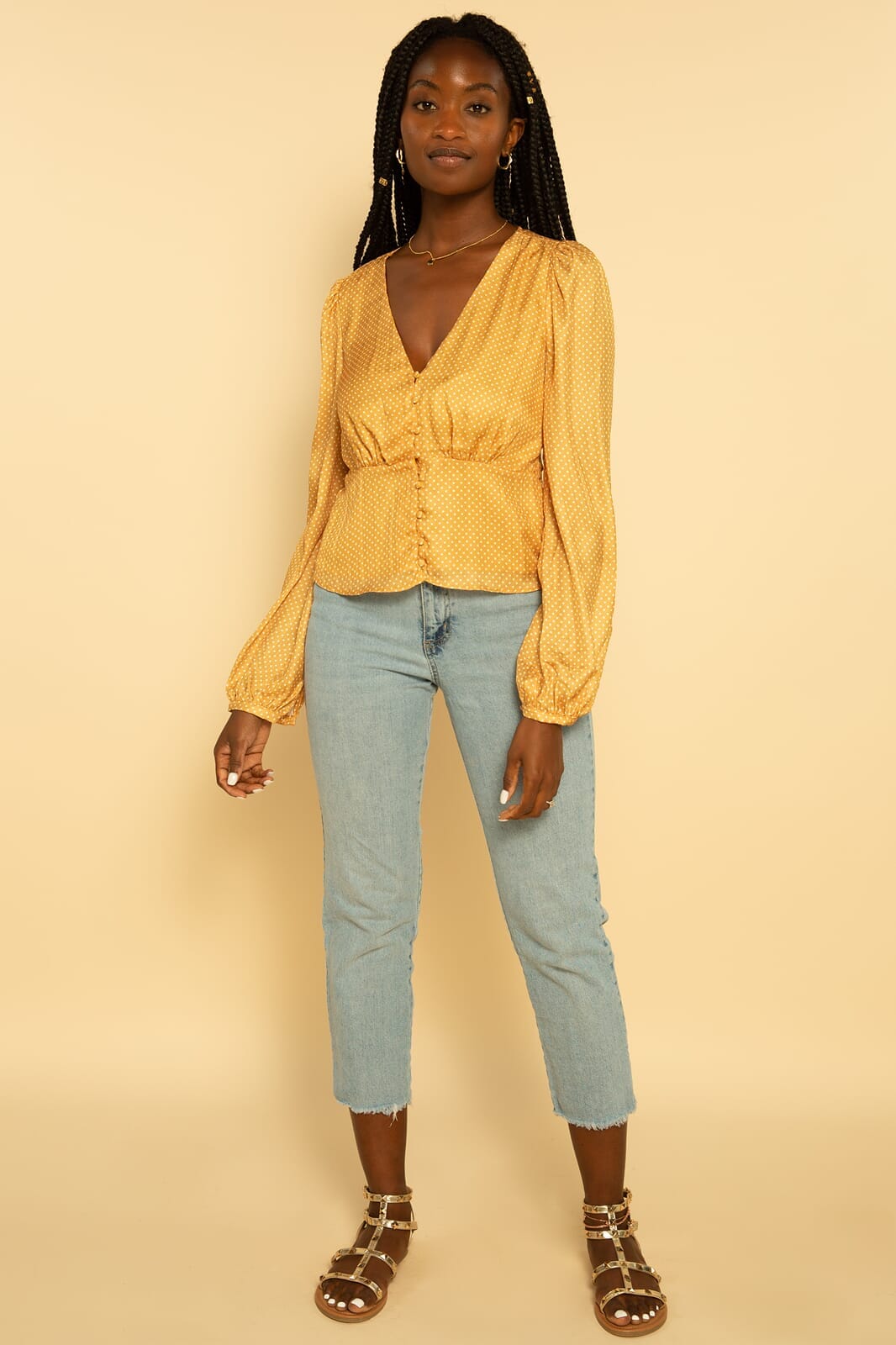 Yellow and White Polka Dot Button Long Sleeve Satin Blouse