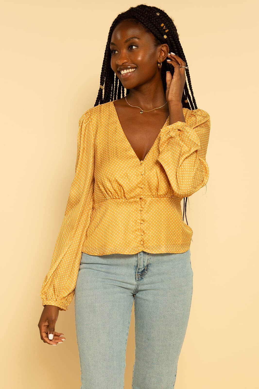 Yellow and White Polka Dot Button Long Sleeve Satin Blouse