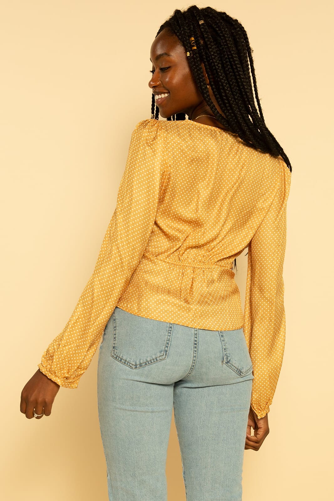 Yellow and White Polka Dot Button Long Sleeve Satin Blouse