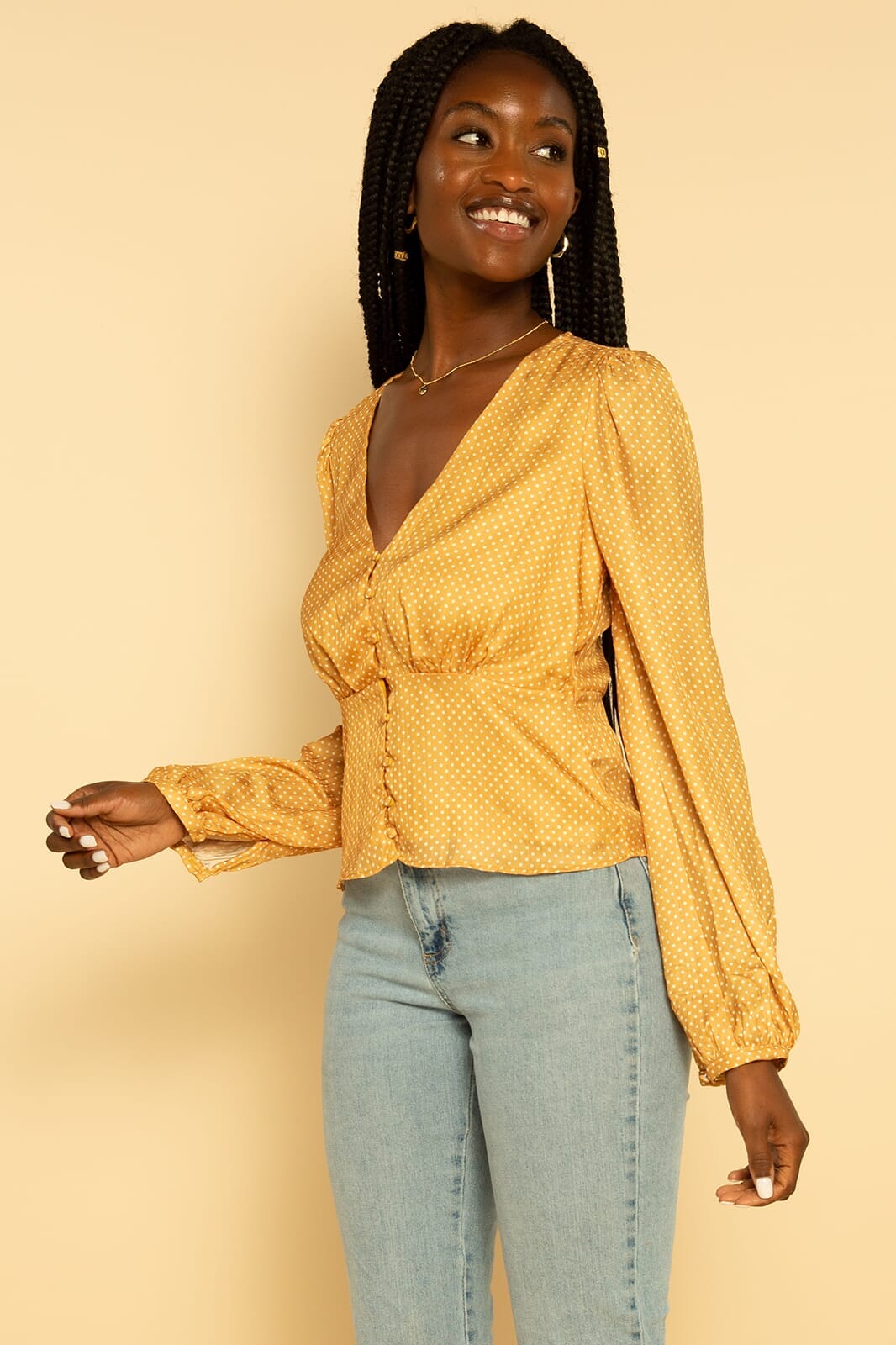 Yellow and White Polka Dot Button Long Sleeve Satin Blouse