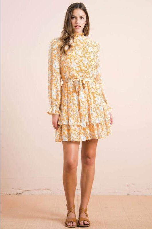 Yellow Floral Print Smocked Waist Ruffle Midi Dress