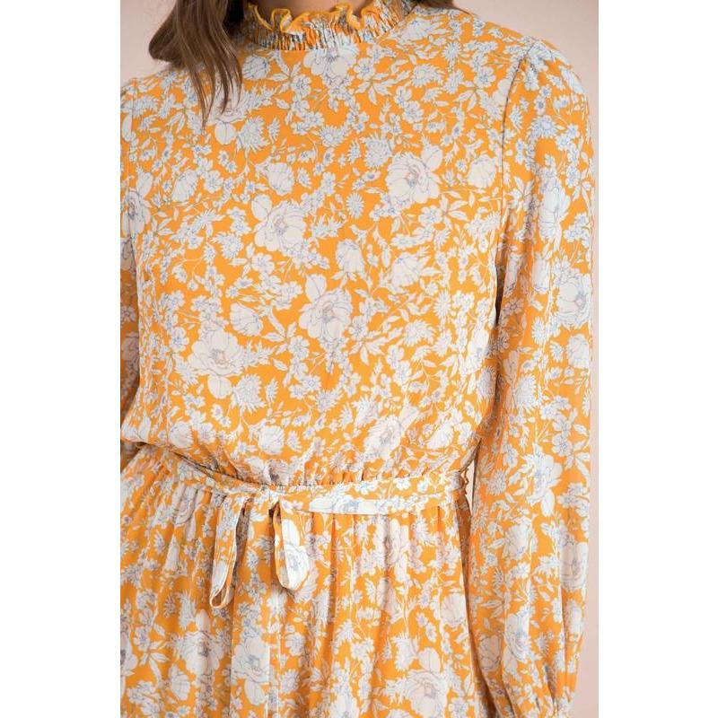 Yellow Floral Print Smocked Waist Ruffle Midi Dress