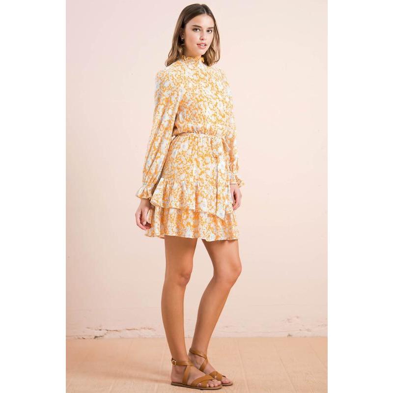 Yellow Floral Print Smocked Waist Ruffle Midi Dress