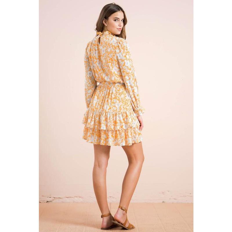 Yellow Floral Print Smocked Waist Ruffle Midi Dress