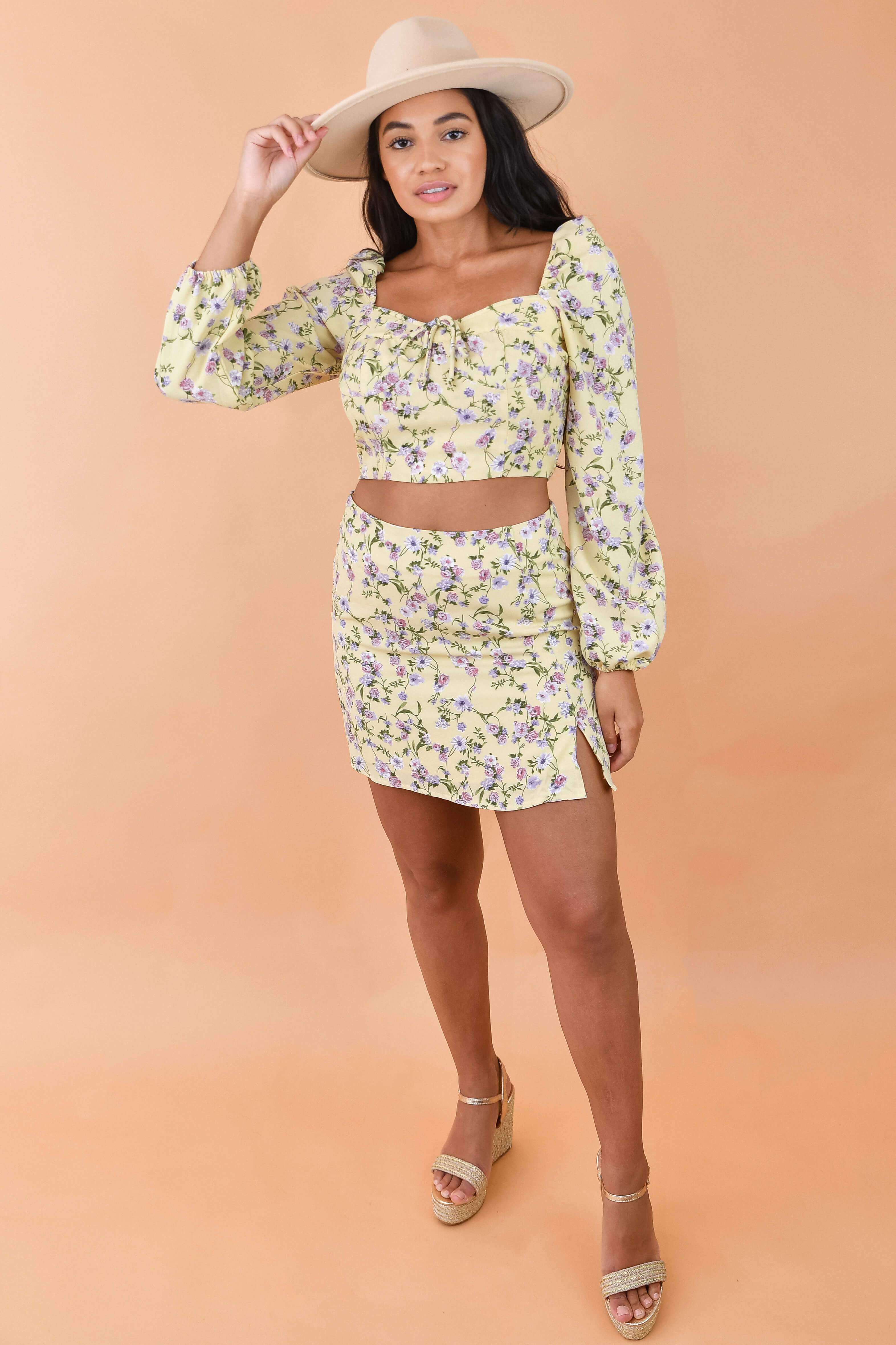 Yellow Floral Two Piece Skirt Set