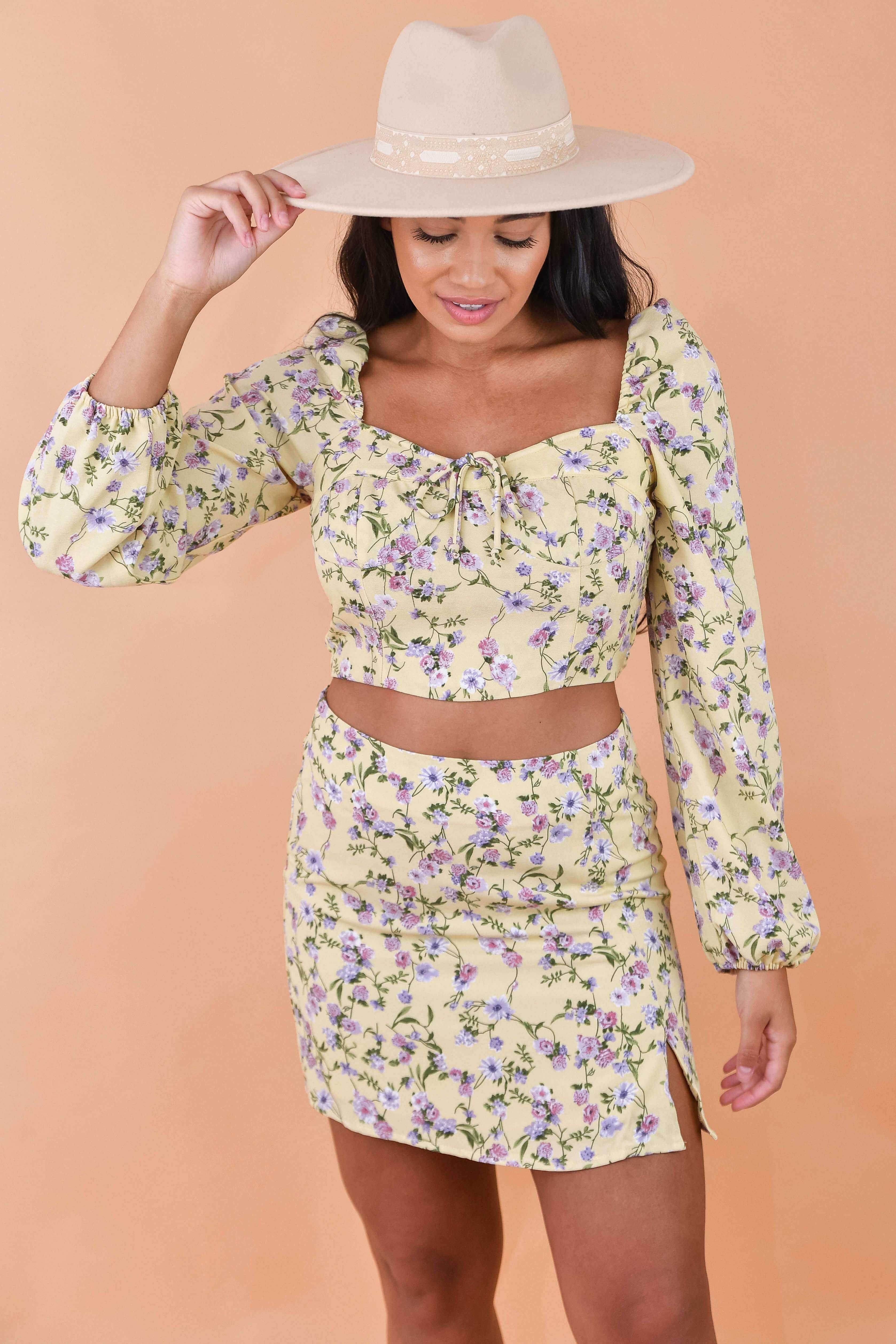 Yellow Floral Two Piece Skirt Set