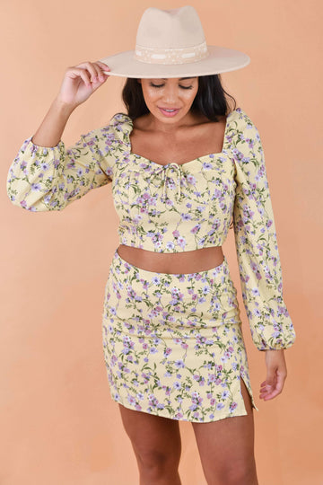 Yellow Floral Two Piece Skirt Set