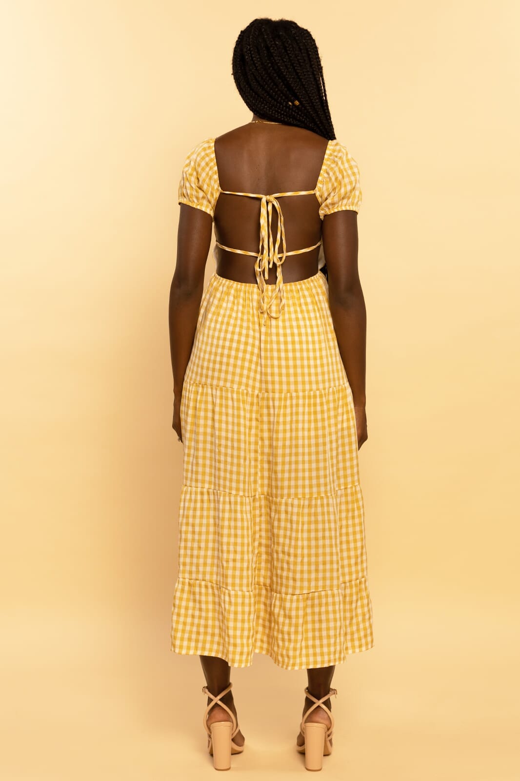Yellow Gingham Print Sweetheart Tie Back Tiered Maxi Dress