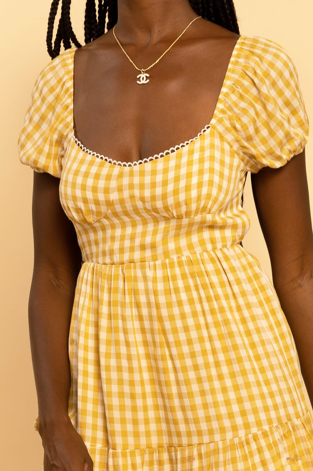 Yellow Gingham Print Sweetheart Tie Back Tiered Maxi Dress