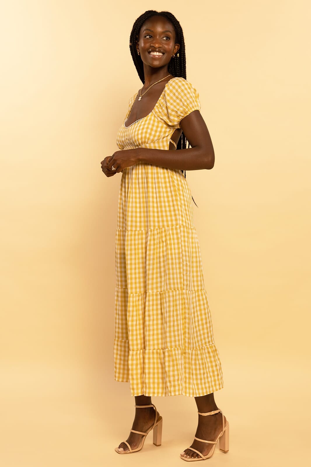 Yellow Gingham Print Sweetheart Tie Back Tiered Maxi Dress