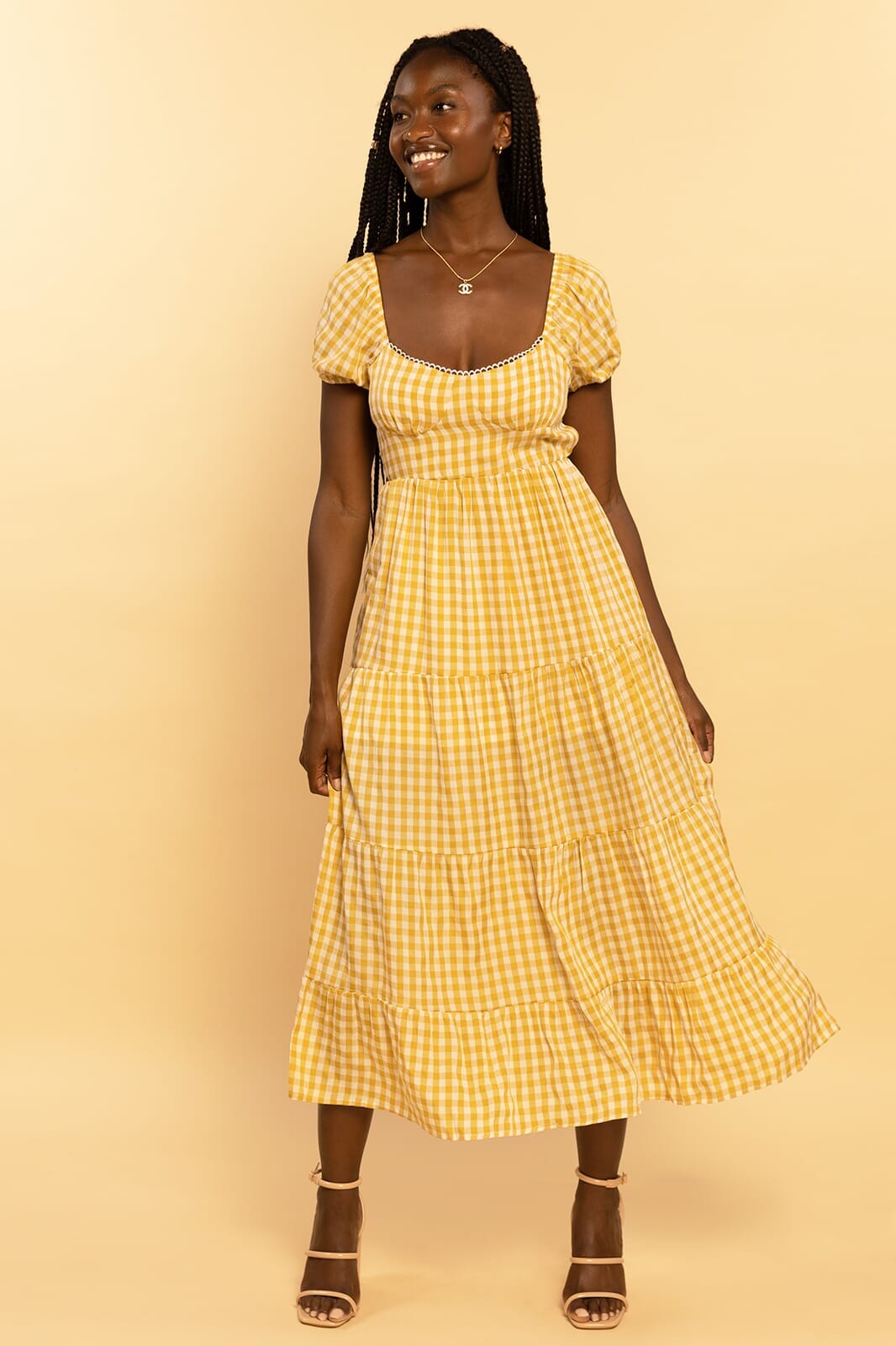 Yellow Gingham Print Sweetheart Tie Back Tiered Maxi Dress