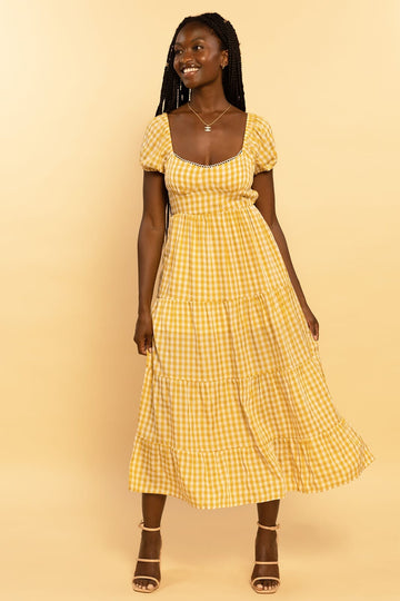Yellow Gingham Print Sweetheart Tie Back Tiered Maxi Dress