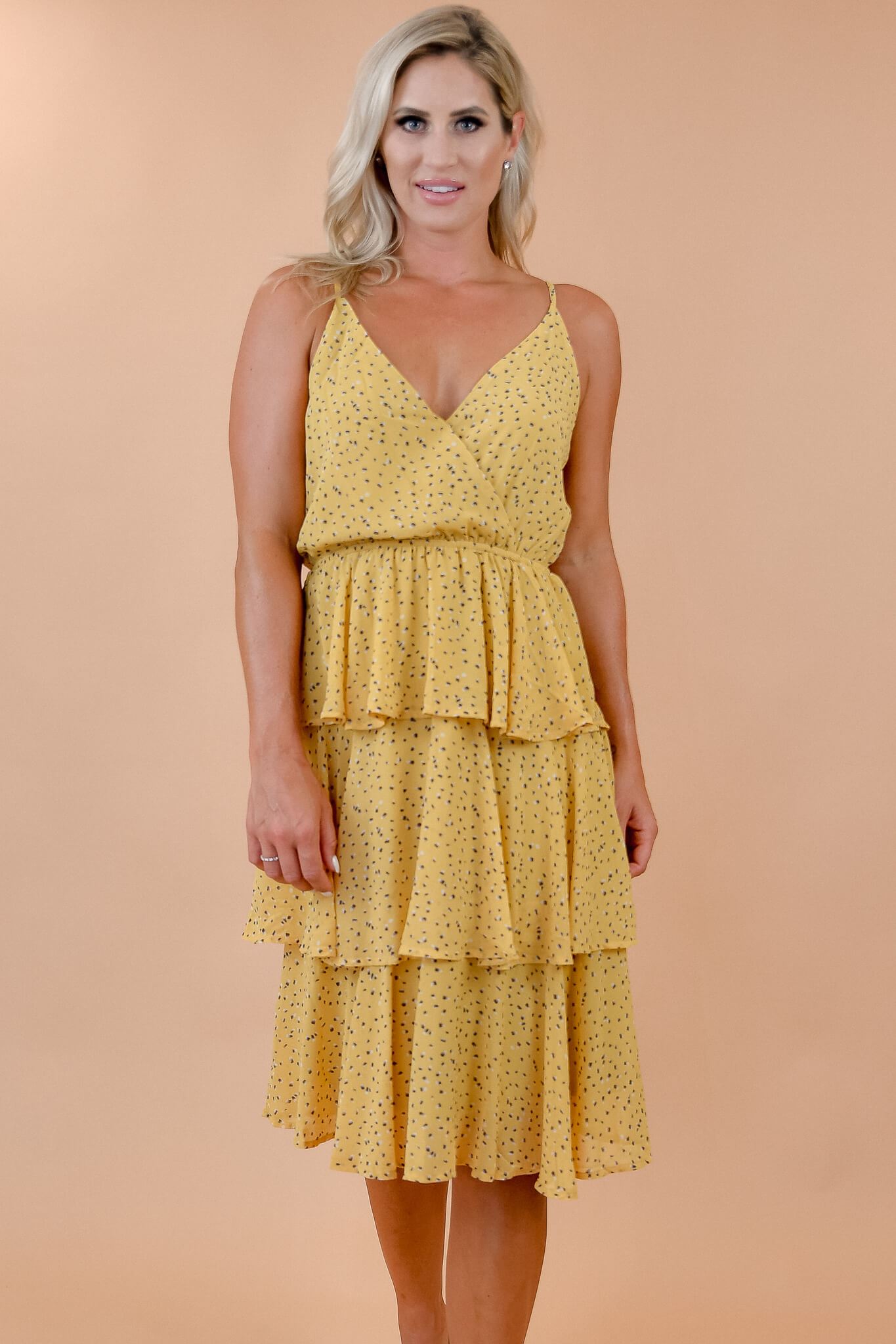 Yellow Printed Surplice Cami Triple Layered Skirt Midi Dress