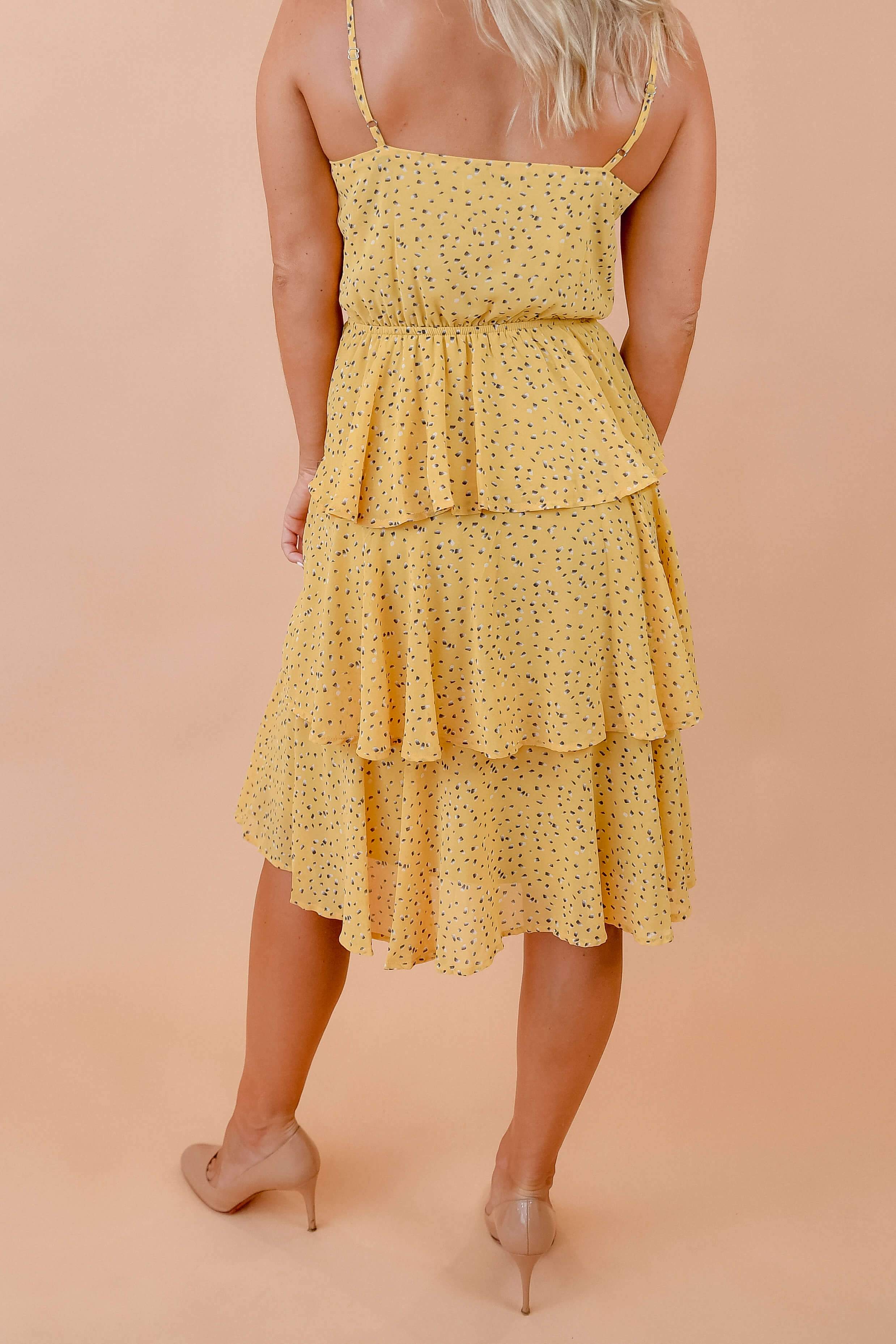 Yellow Printed Surplice Cami Triple Layered Skirt Midi Dress