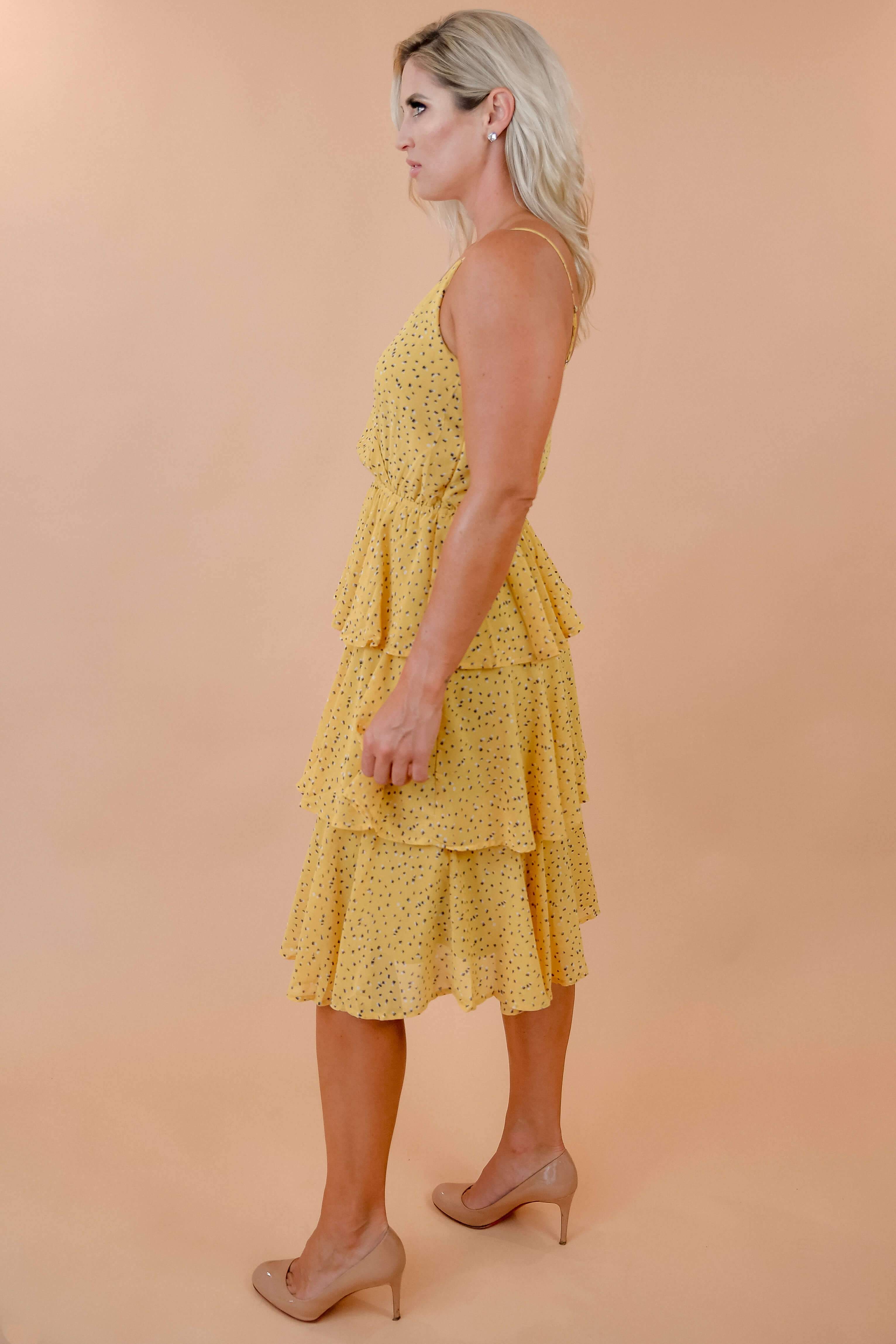 Yellow Printed Surplice Cami Triple Layered Skirt Midi Dress