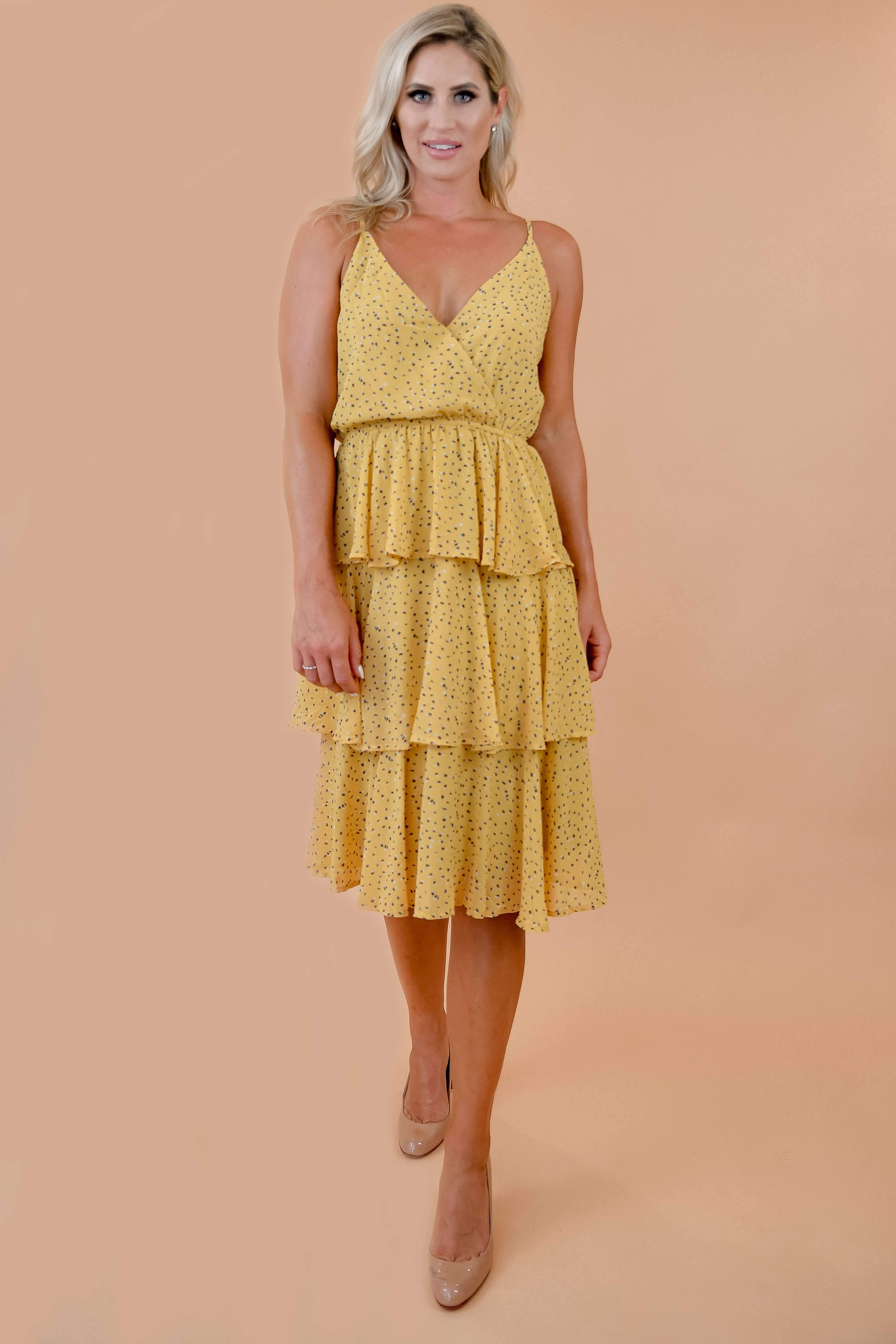 Yellow Printed Surplice Cami Triple Layered Skirt Midi Dress