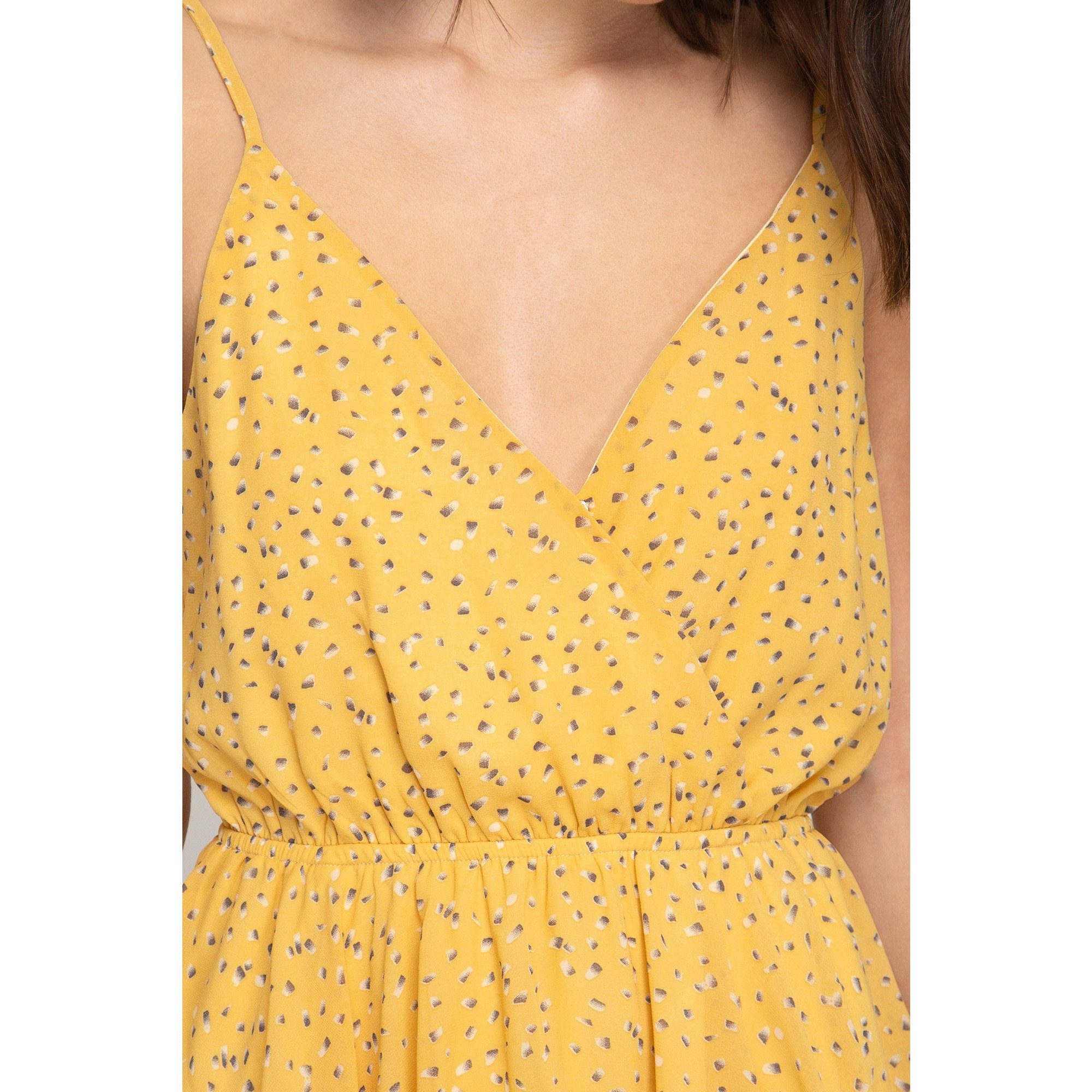 Yellow Printed Surplice Cami Triple Layered Skirt Midi Dress